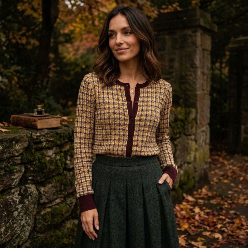 Ann Taylor Plaid Long Sleeve Cardigan S Academia Preppy Fall Vtg Retro Office